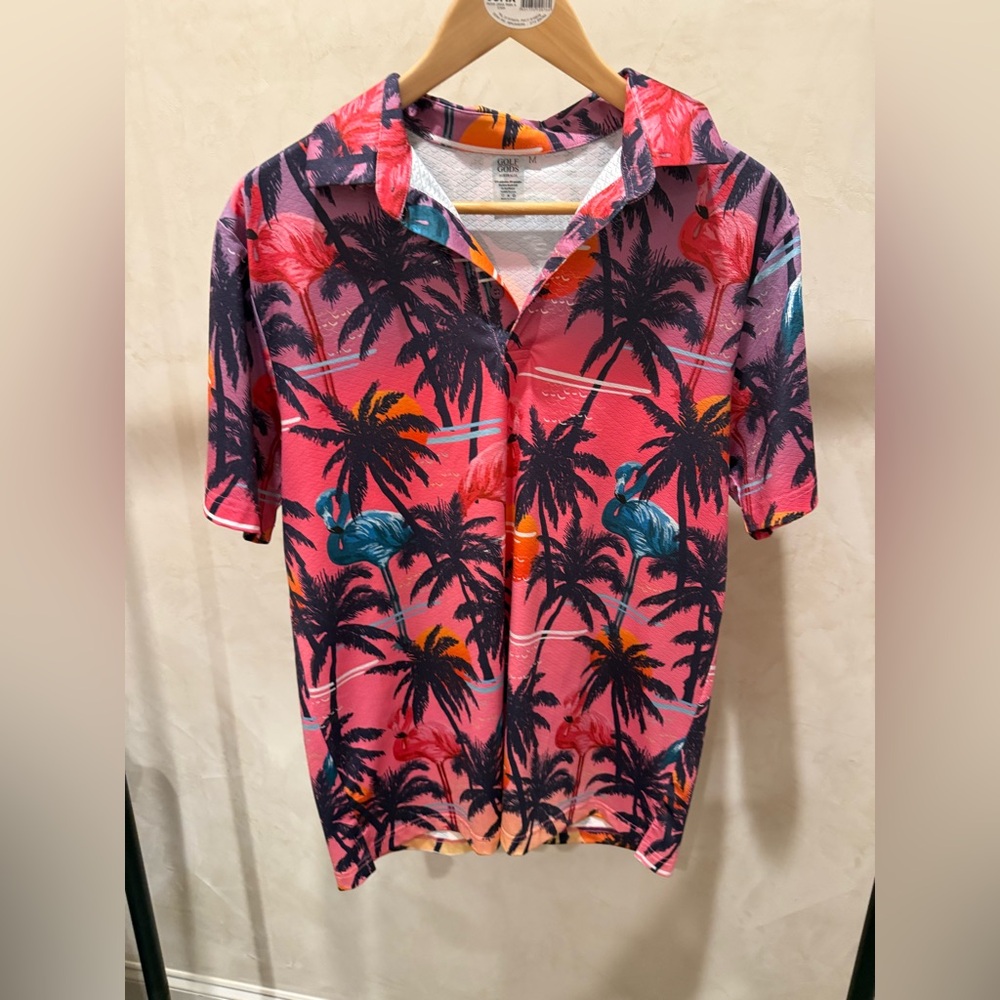 Men’s Tropical Palm Tree Print Golf Shirt. Size M
